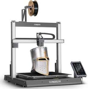 Stampante 3D Comgrow T500 con grande area di stampa di 500x500x500 mm, interfaccia utente touchscreen, sistema di trasmissione diretta XYZ, e guide lineari 3D per una precisione superiore."