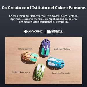 "Quattro mouse colorati stampati con la stampante 3D ANYCUBIC Kobra 3 Combo, dimostrando la capacità di stampa multicolore."